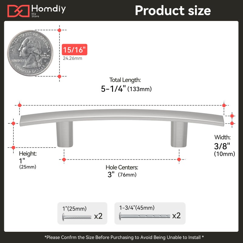 homdiy 10 Pack Solid Heavy Duty Zinc Alloy Cabinet Handles, Brushed Nickel Cabinet Pulls, 3 Inch Hole Center Arch Drawer Pulls Modern Hardware for Kitchen Bathroom Cupboard - Image 2
